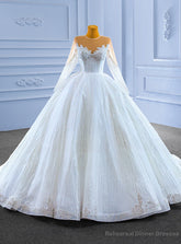 White Tulle Sequins Long Sleeve Beading Illusion Neck Wedding Dress